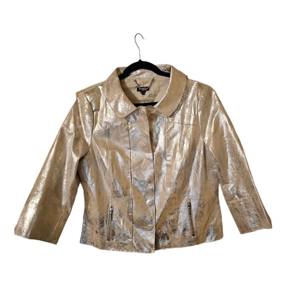 WORTH Metallic Silver Leather Jacket - Size 14 - Picture 1 of 8